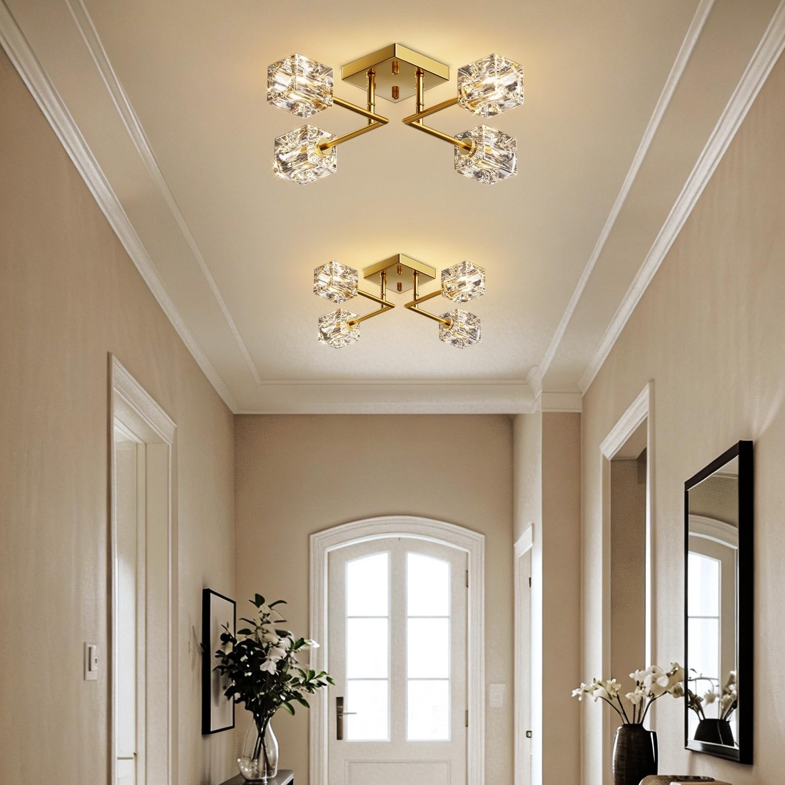 Gold Sputnik Crystal Ceiling Light, 4-Light Semi Flush Mount Chandelier | Mod…