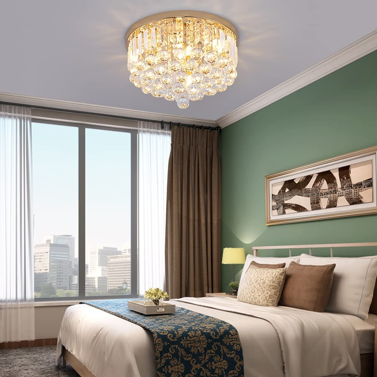 Mini Crystal Chandelier Ceiling Light,Flush Mount Modern Round K9 Crystal Rai…