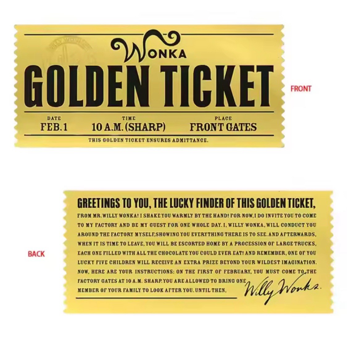 WILLY WONKA Replica Golden Ticket Charlie Chocolate Factory Movie Prop Free Ship