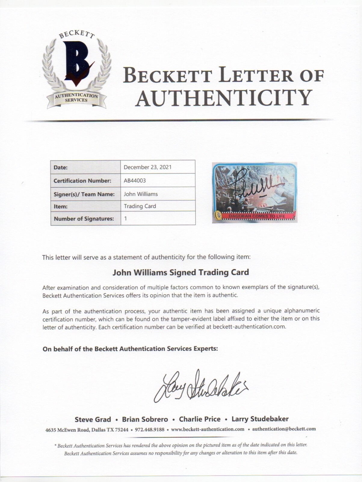 JOHN WILLIAMS signed 1980 STAR WARS ESB card AUTOGRAPH auto Beckett LOA BAS rare