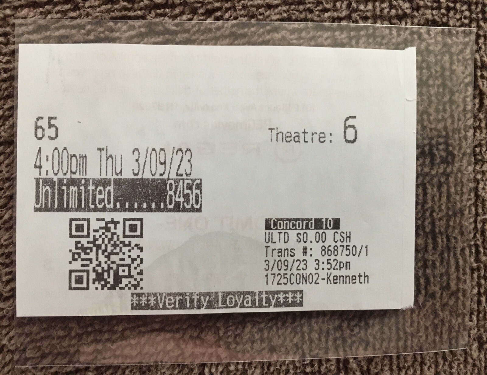 65. 3/09/23. Used Ticket. Regal Cinema (Concord 10)