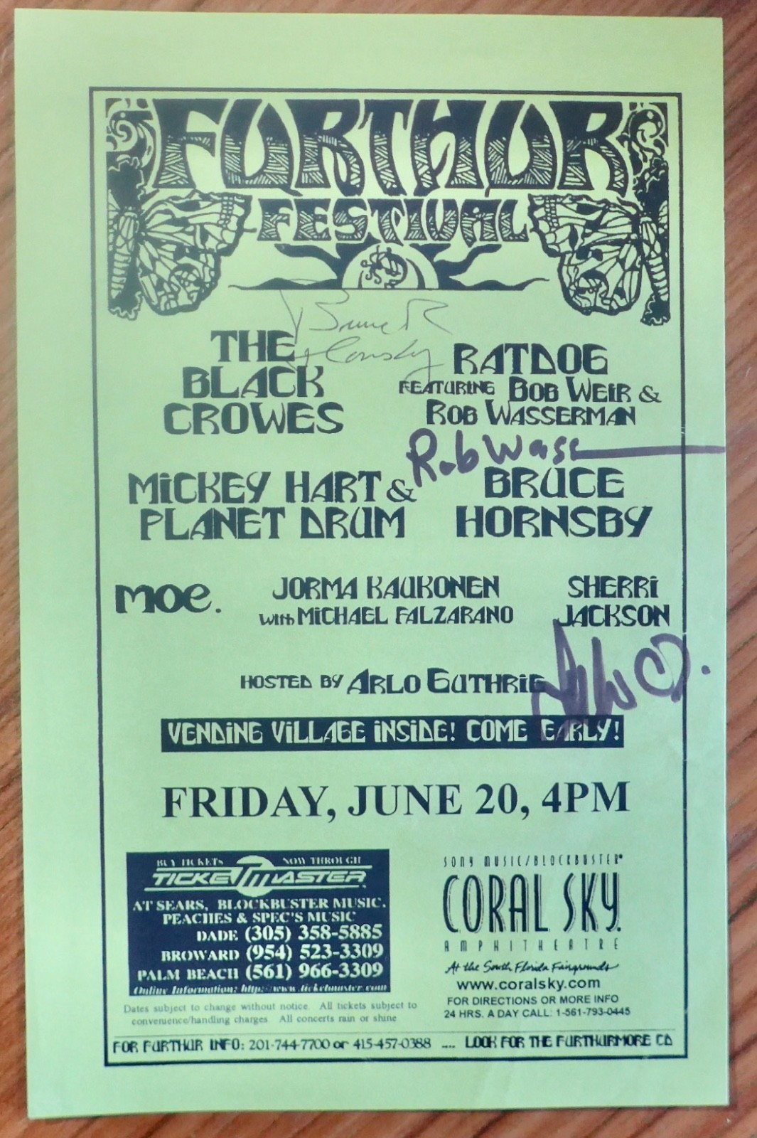 FURTHUR FESTIVAL signed auto 5×8 handbill 6/20/97: Kaukonen Hornsby Wasserman