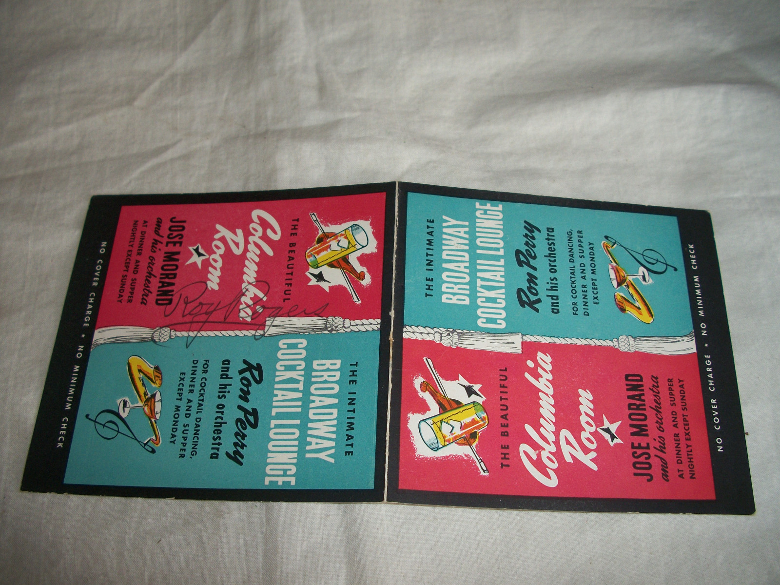 VINTAGE RAY ROGERS AUTOGRAPH SIGNED FLYER BROADWAY COCKTAIL LOUNGE COLUMBIA ROOM