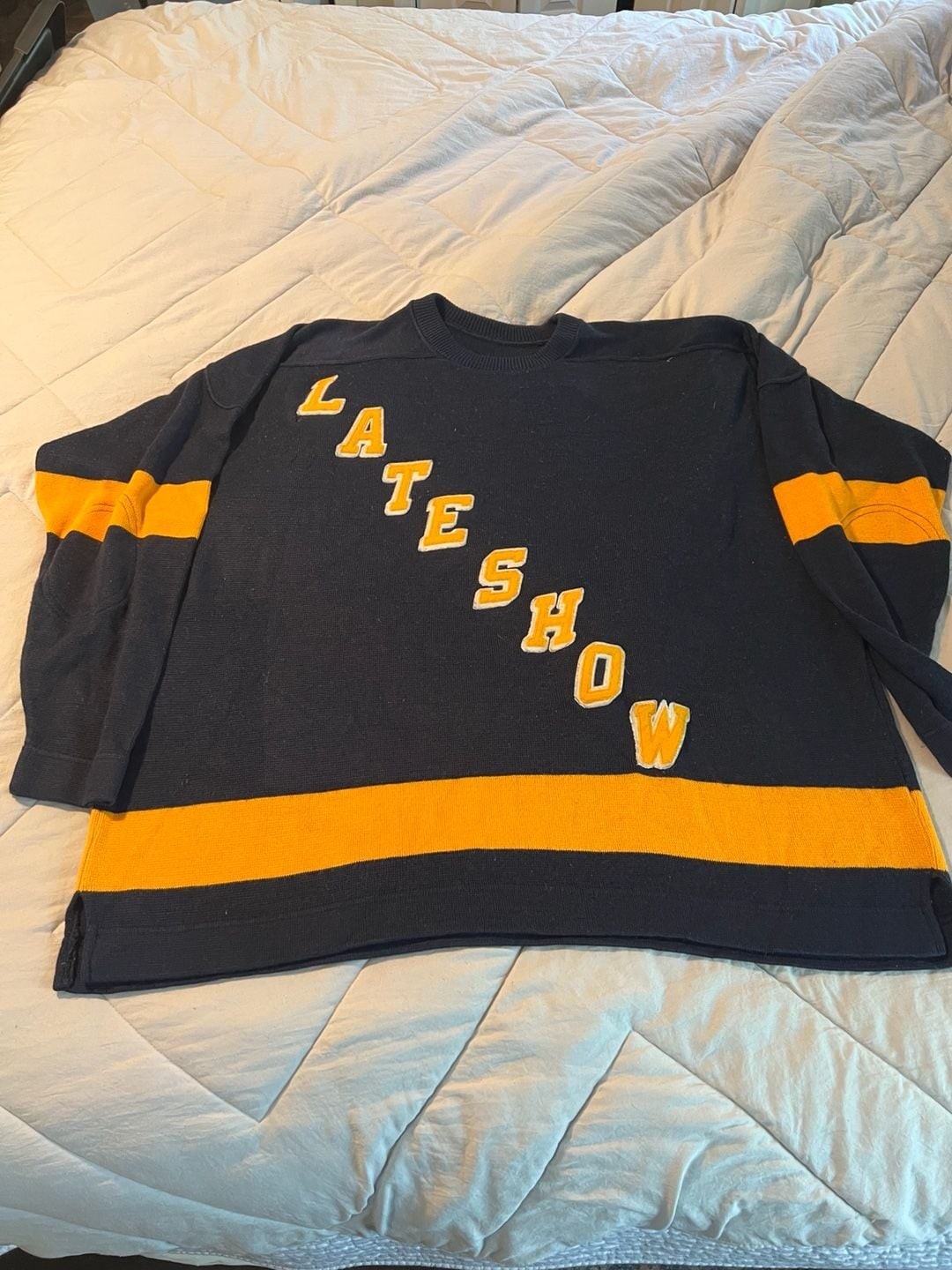 Vintage Athletic Knit LATESHOW /w David Letterman Navy Blue Wool Blend Striped