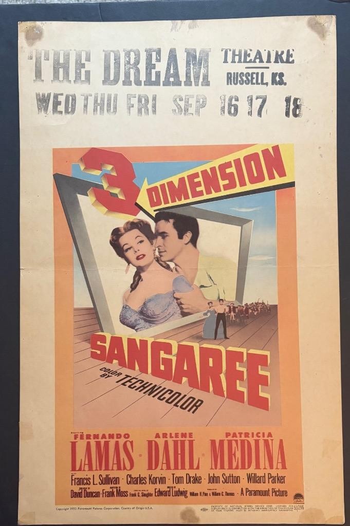 “SANGAREE”-ORIGINAL WINDOW CARD-3-D-ARLENE DAHL-PATRICIA MEDINA-CHARLES KORVIN
