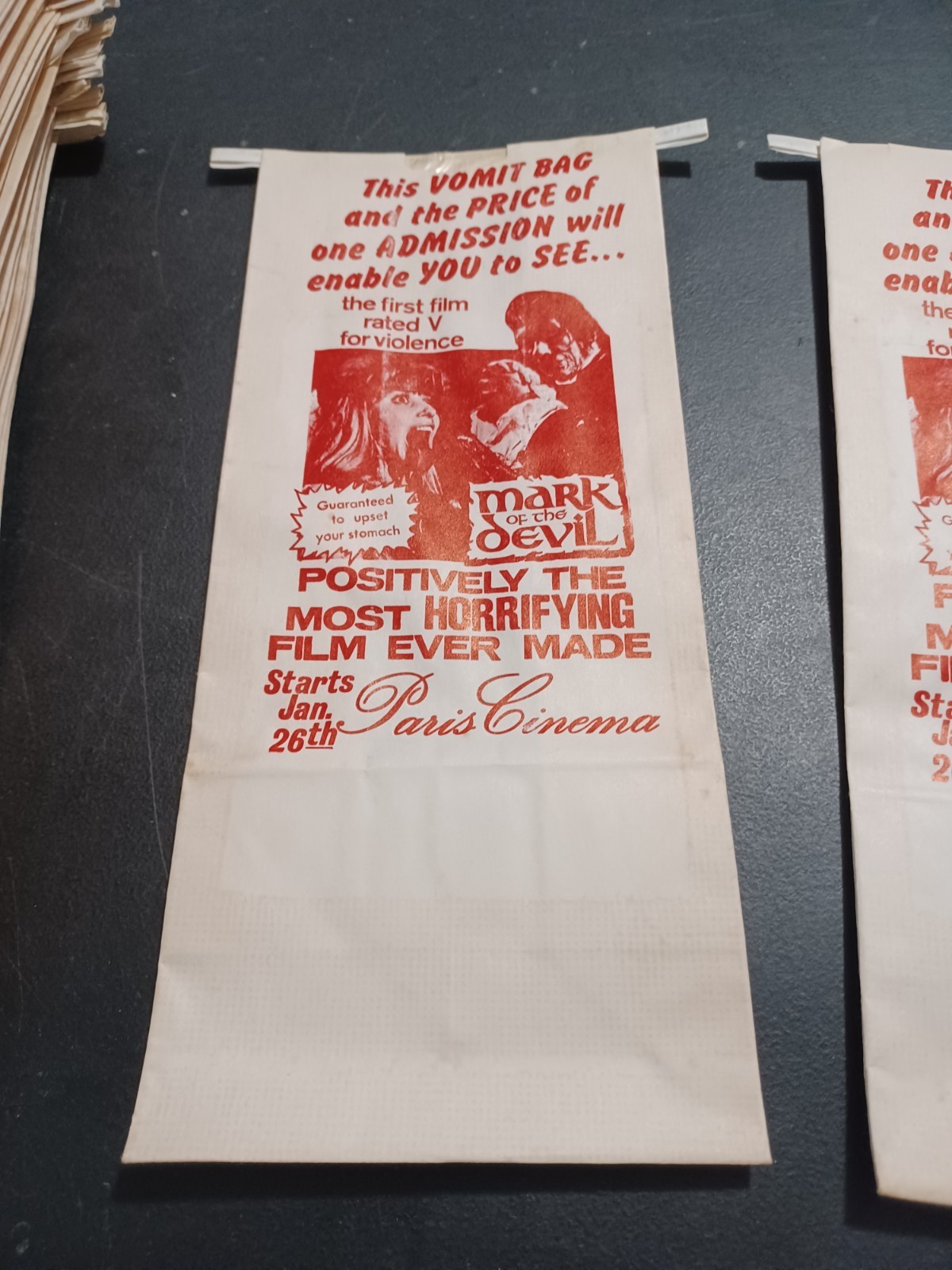 Vintage 1970’s Mark of the Devil Vomit Bags, Movie Theater Promotional Gift