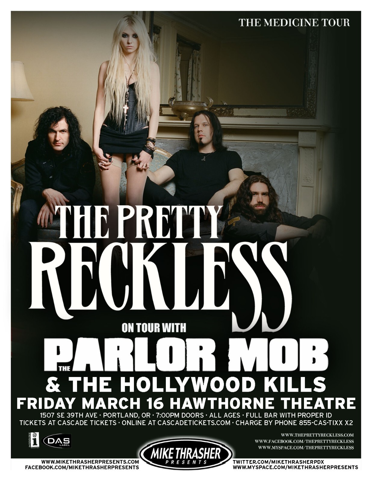 THE PRETTY RECKLESS / PARLOR MOB “MEDICINE TOUR” 2012 PORTLAND CONCERT POSTER