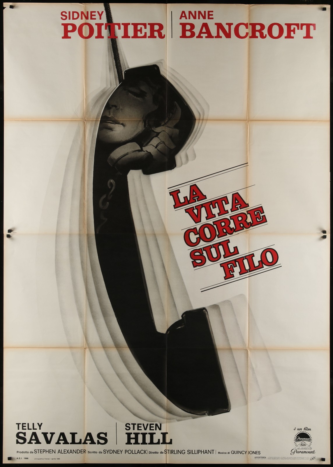 The Slender Thread Sidney Poitier Anne Bancroft 1966 Italian 55×78 Poster