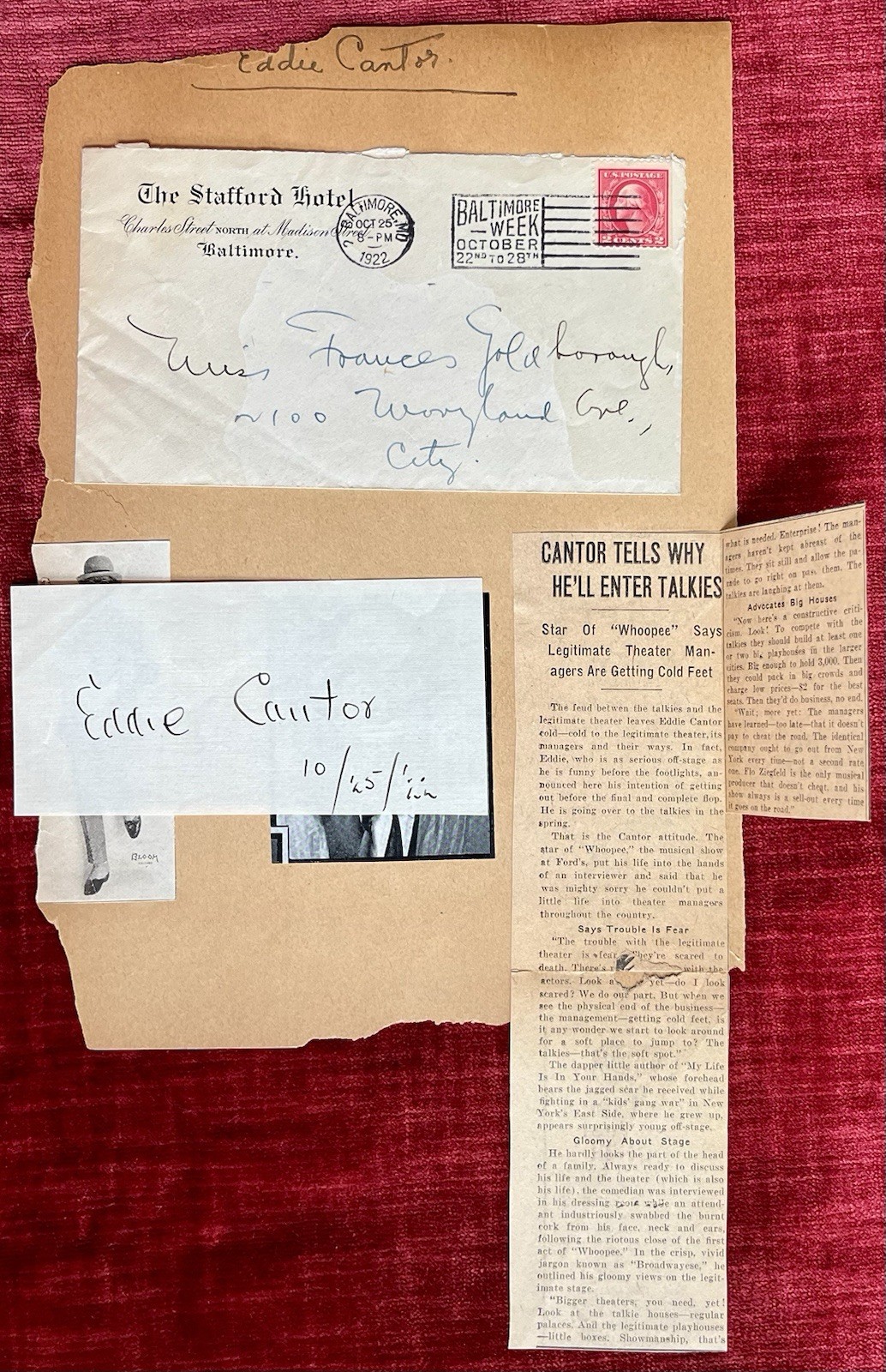 Eddie Cantor Autograph Hand Addressed Envelope 1925 Julian Eltinge Drag Queen