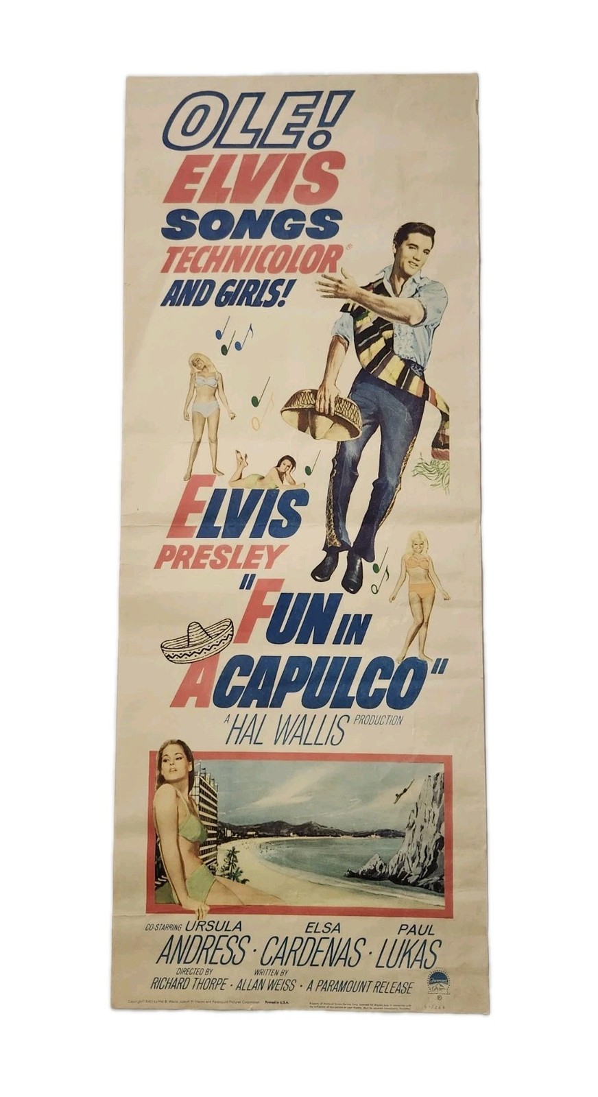 Vintage 1963 Elvis Presley Fun in Acapulco Insert Movie Poster Original 14×36