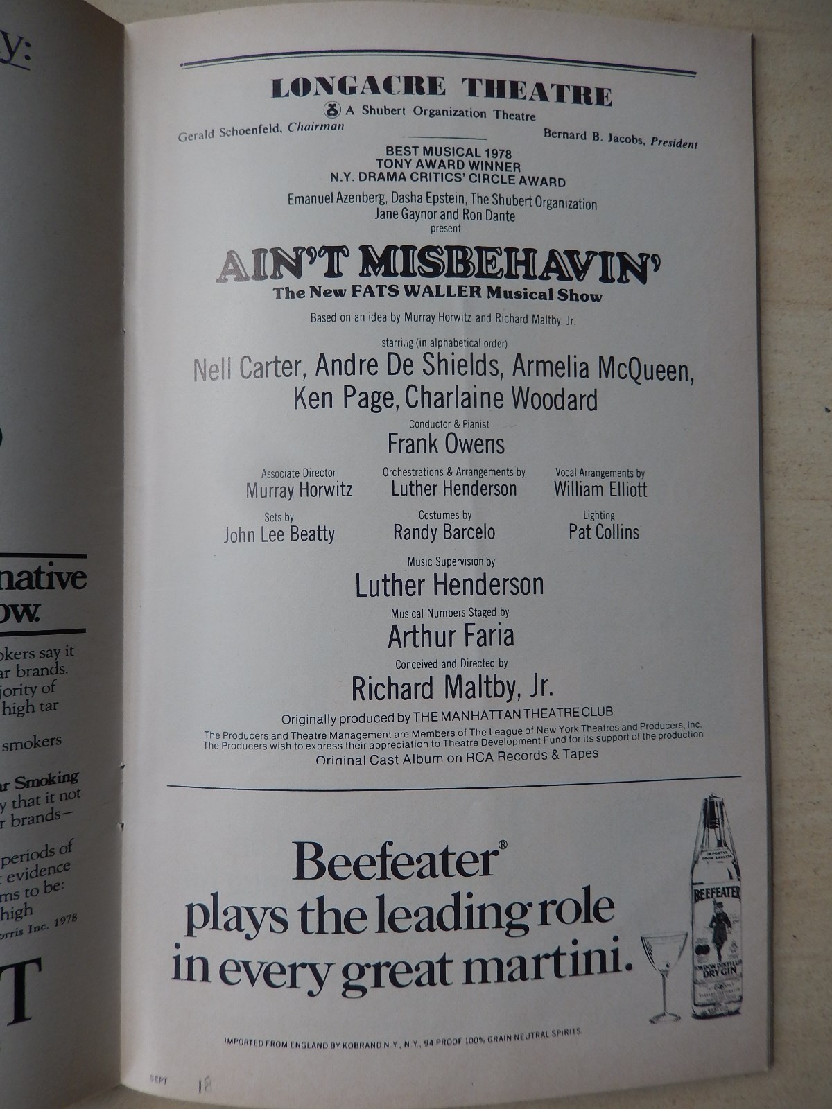 September 1978 – Longacre Theatre Playbill – Ain’t Misbehavin’ – Nell Carter