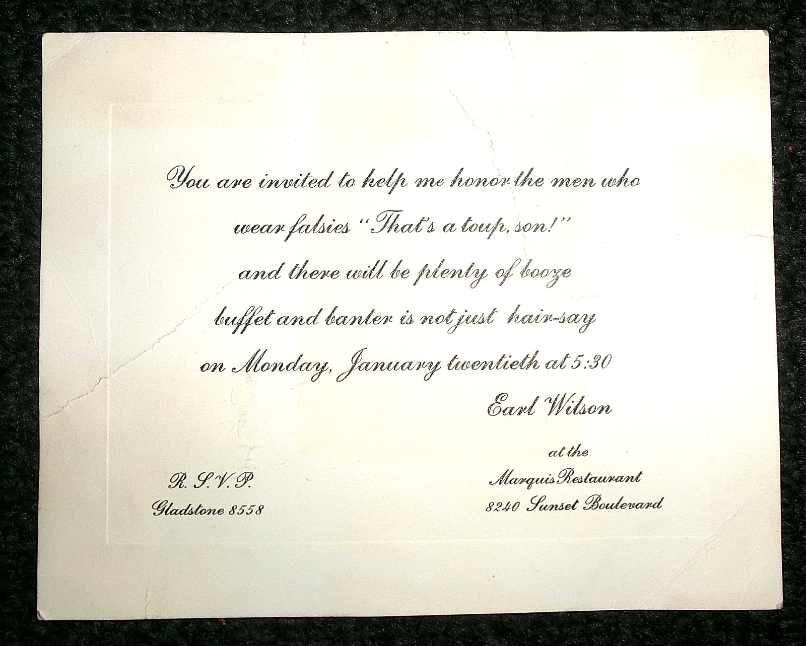 Marquis Restaurant Hollywood Funny Invitation Toupee Earl Wilson Gossip RARE