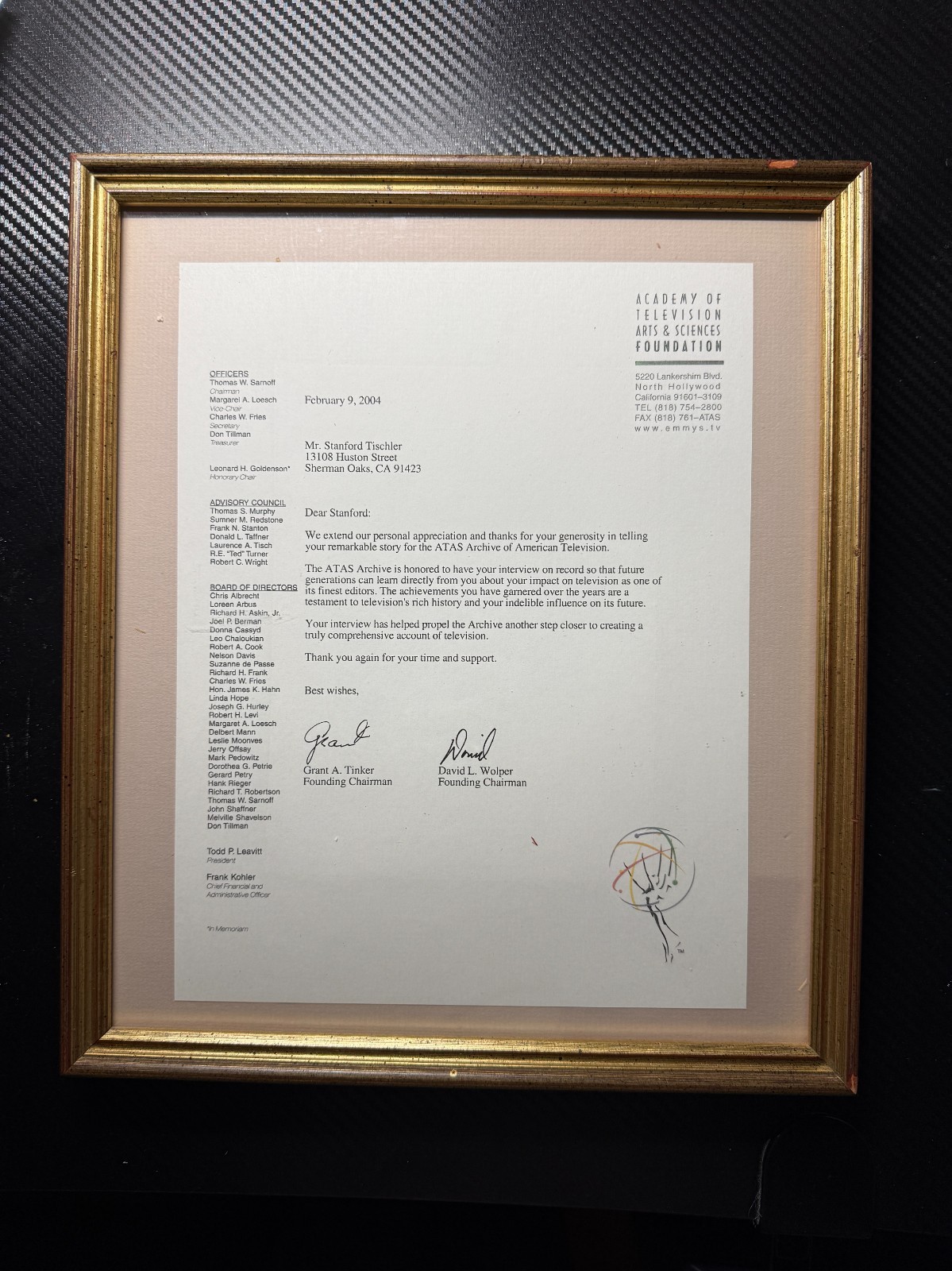 Original 2004 Academy of Television Arts & Sciences Foundation Letter