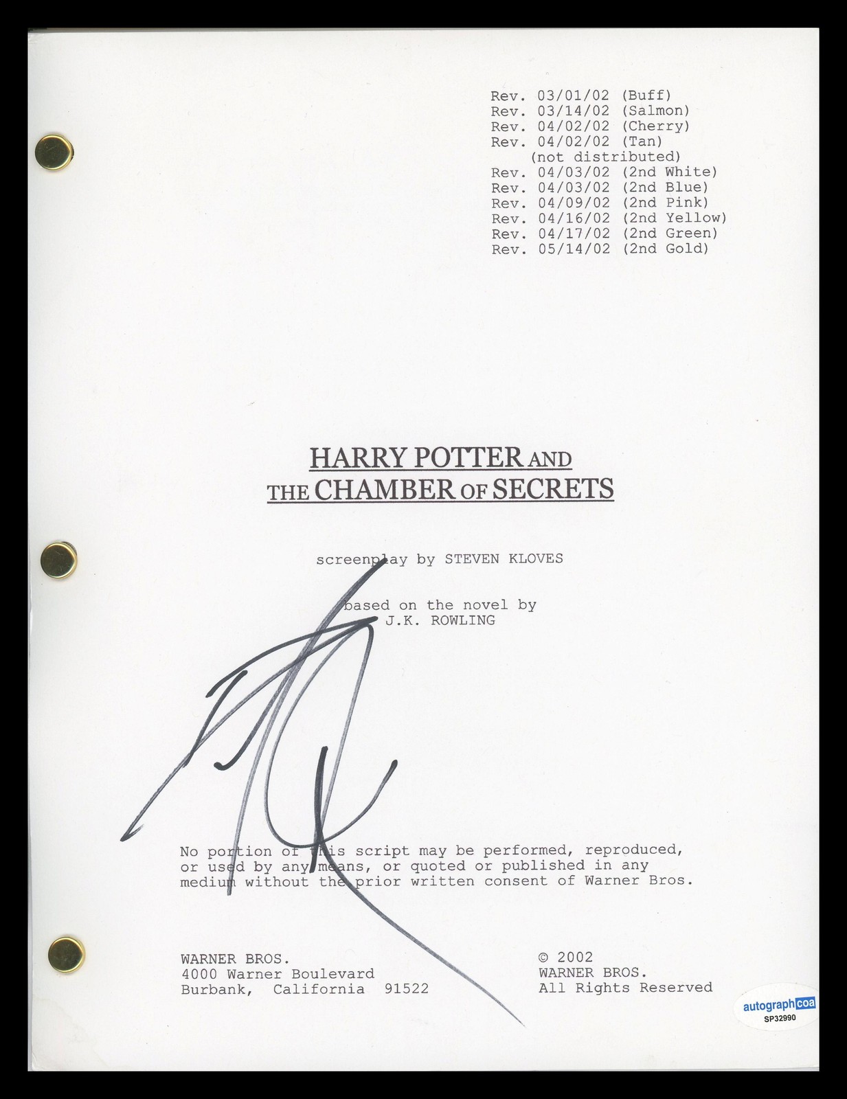 Daniel Radcliffe “Harry Potter and the Chamber of Secrets” SIGNED Script ACOA