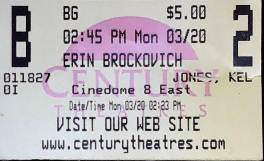 Erin Brockovich Movie Matinee Ticket Stub Julia Roberts Opening Week 3/20/2000