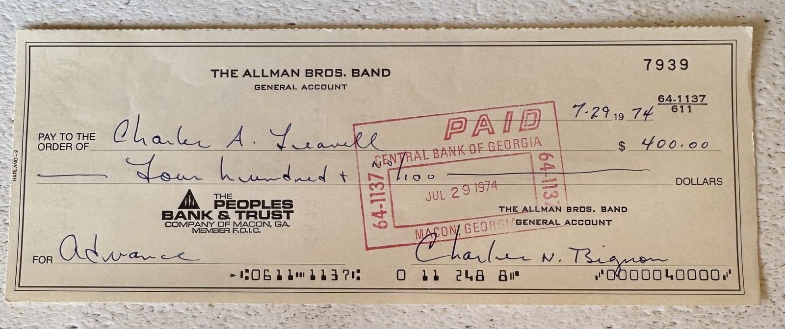 Chuck Leavell of The Allman Brothers Band SIGNED Cancelled Check from 1974