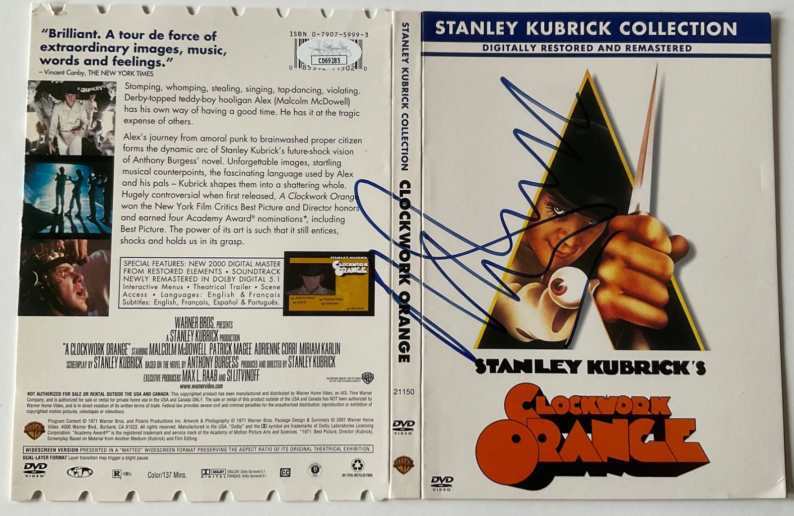 A Clockwork Orange Malcolm McDowell Signed Autographed DVD Cover JSA COA
