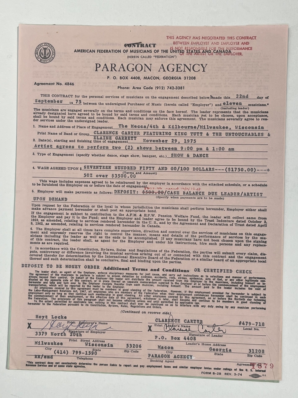 Clarence Carter Concert Contract 1975 Milwaukee WI