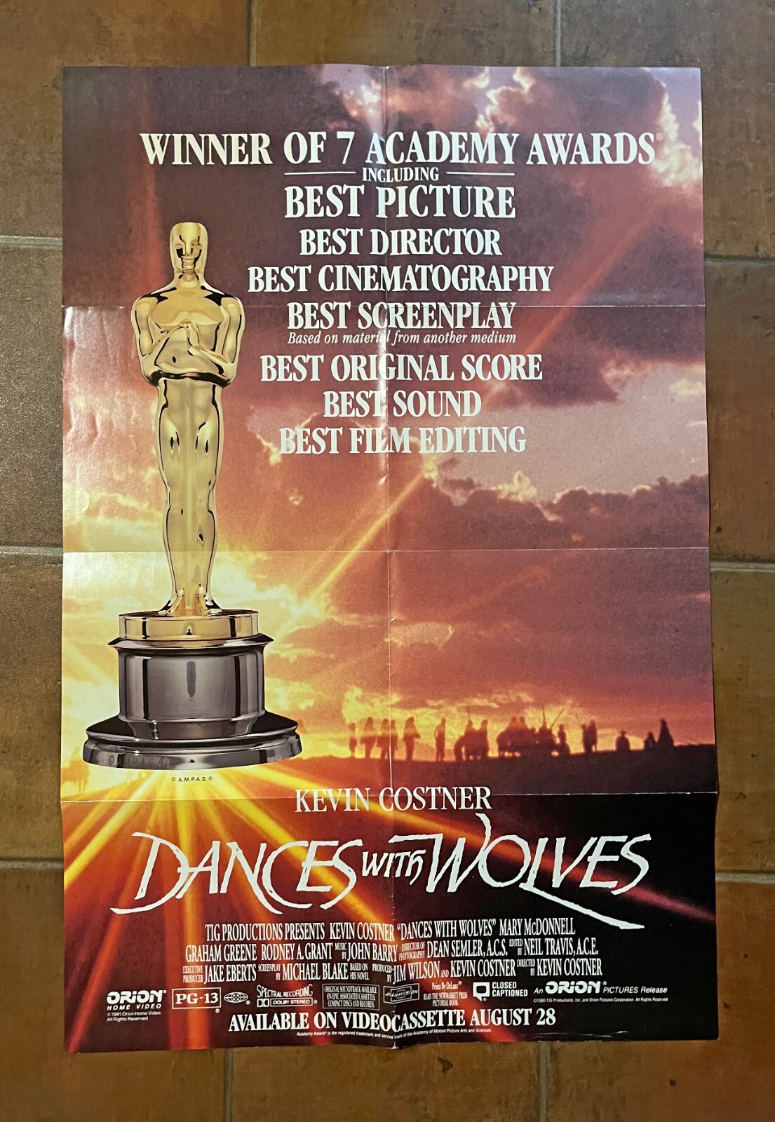 25 x 38 Two-Sided Dances With Wolves Movie Poster, Each Side a Unique Design