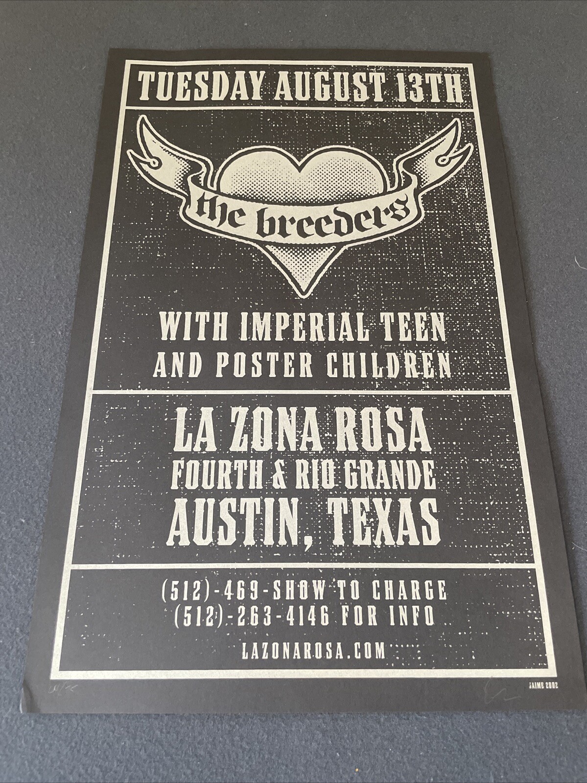 The Breeders 2002 Limited Concert Poster Signed 63/75 Austin TX Numbered RARE
