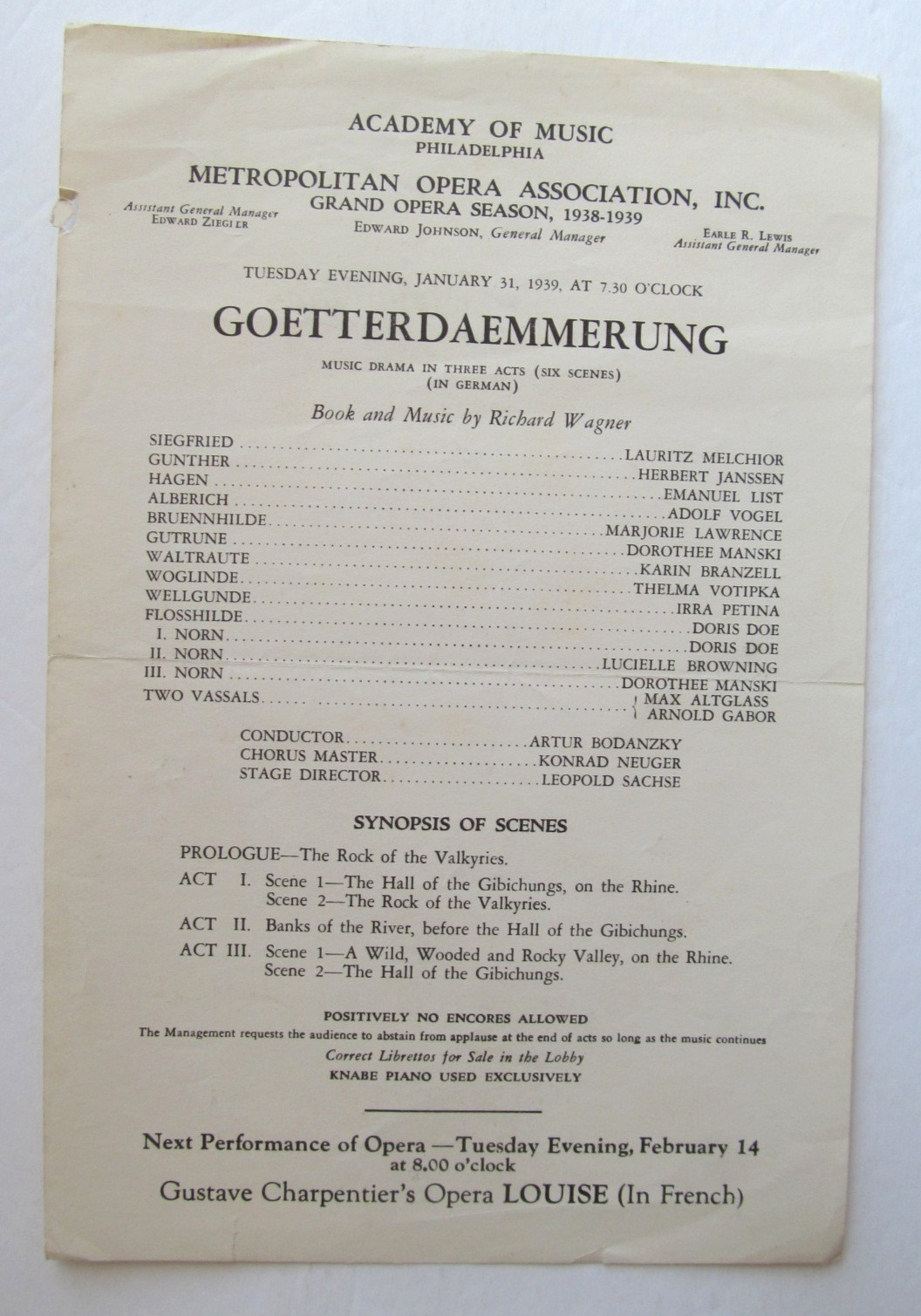Program – Goetterdaemerung- 1939- Met Opera Philadelphia – Melchior, Lawrence