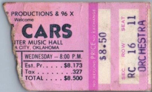The Cars Concert Ticket Stub August 8 1979 Oklahoma City Oklahoma