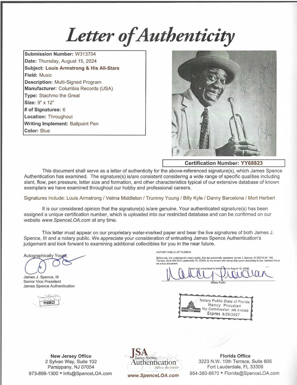 Louis Armstrong Autographed Concert Program Jazz Musician Trumpeter JSA Letter