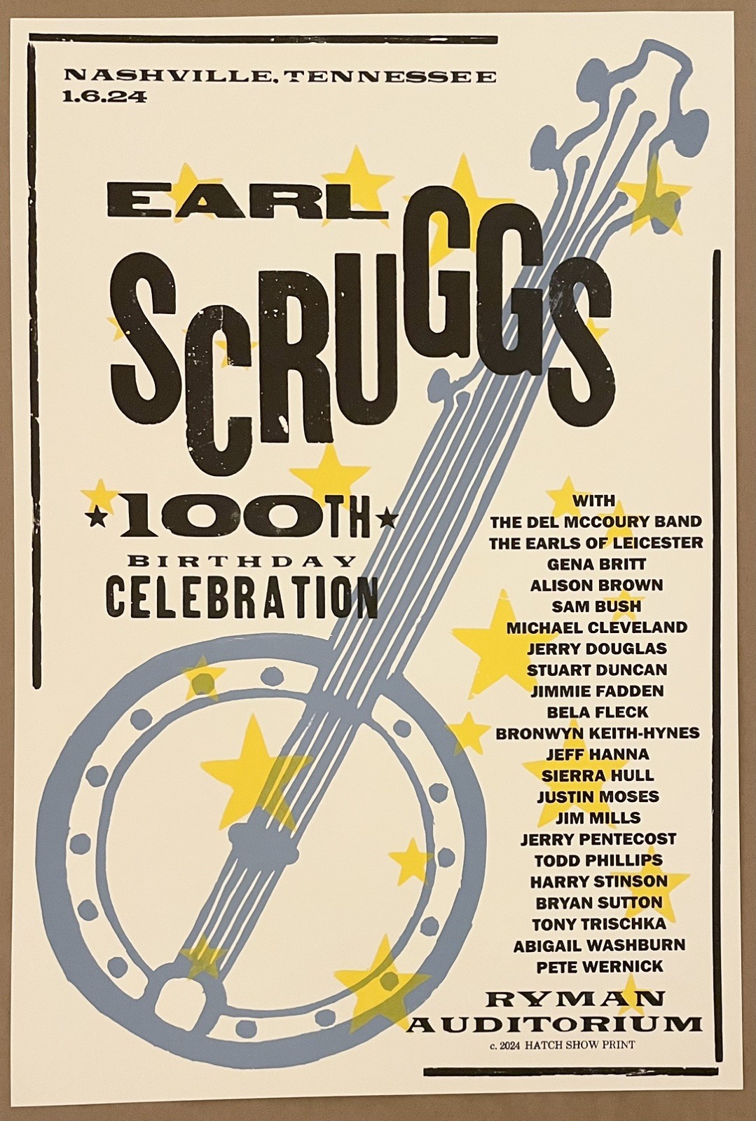 Earl Scruggs’ 100th Birthday – Hatch Show Print – Ryman Auditorium – Poster