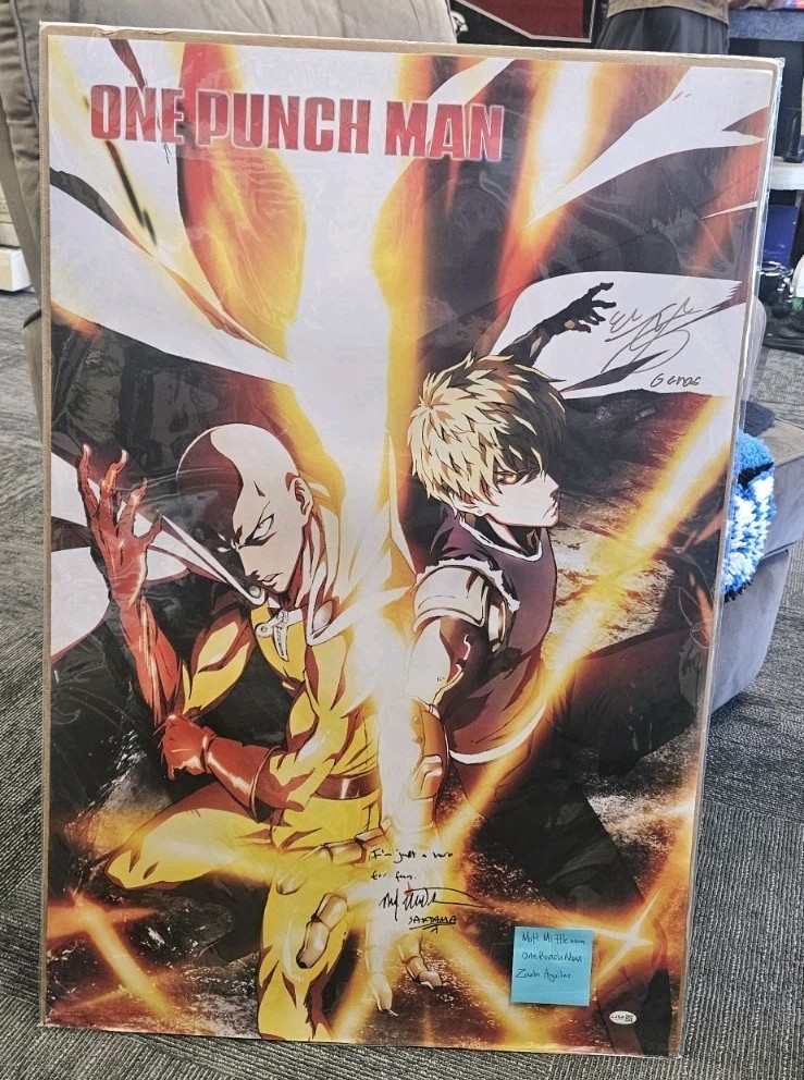 Max Mittelman Zach Aguilar SIGNED & INSCRIBED 24×36 One Punch Man Poster JSA COA