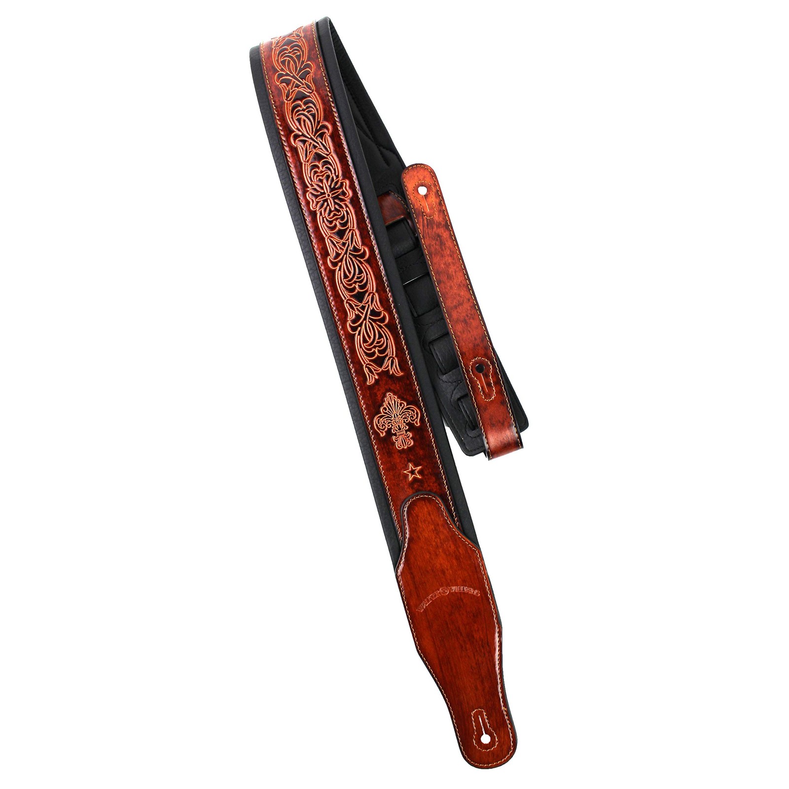 Walker And Williams GB-22 Bourbon Brown Padded Guitar Strap with Fleur De Lis…
