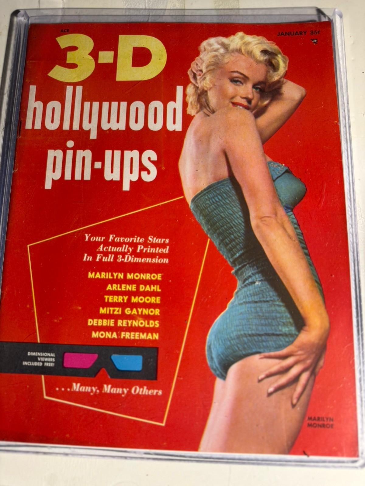 MARILYN MONROE -3-D HOLLYWOOD PIN-UPS 01/54 GREAT COLOR COVER MAGAZINE W/GLASSES