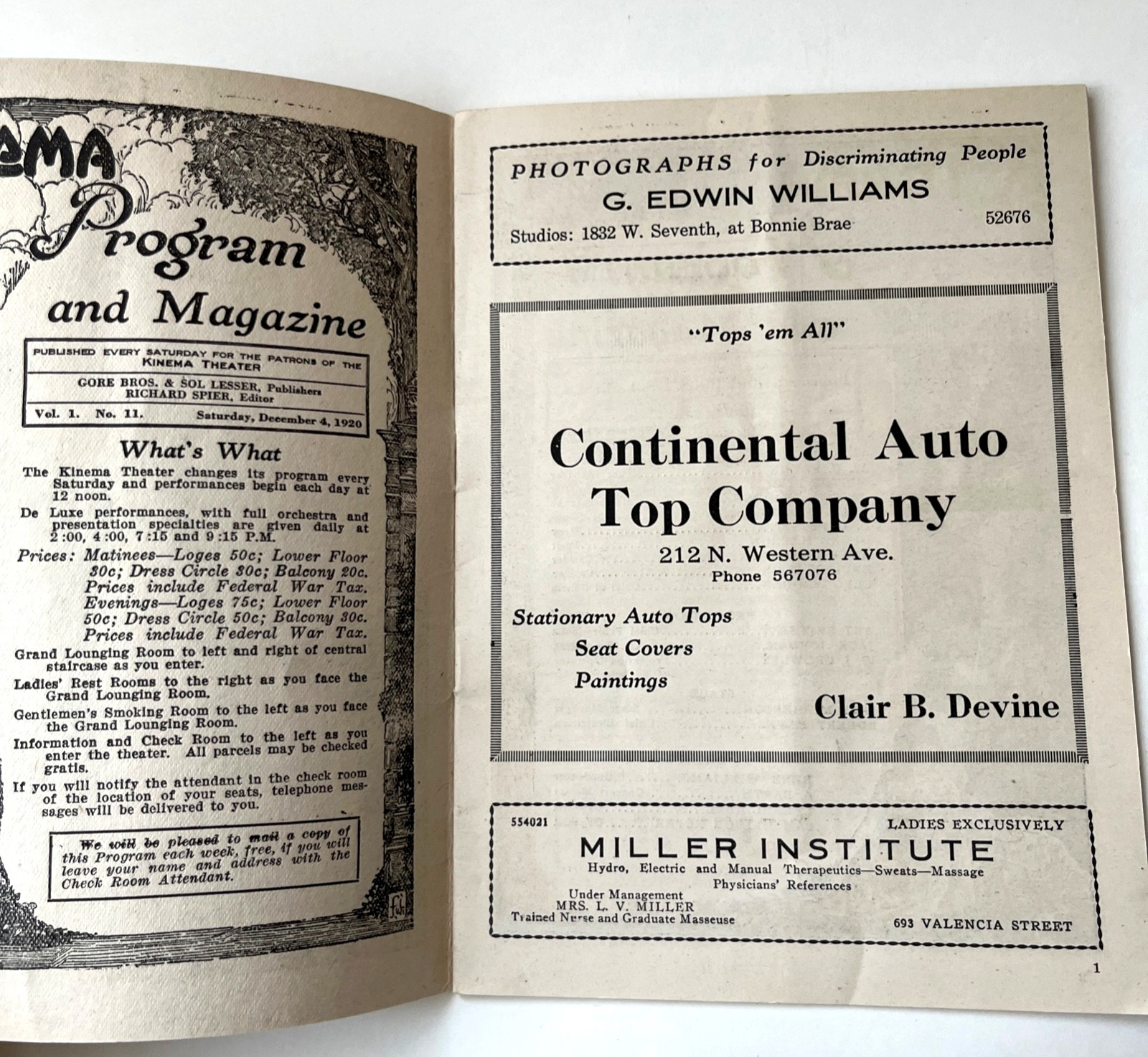 Vintage Kinema Theater Programs – 1920 & 1921 Los Angeles CA. Movie Theatre