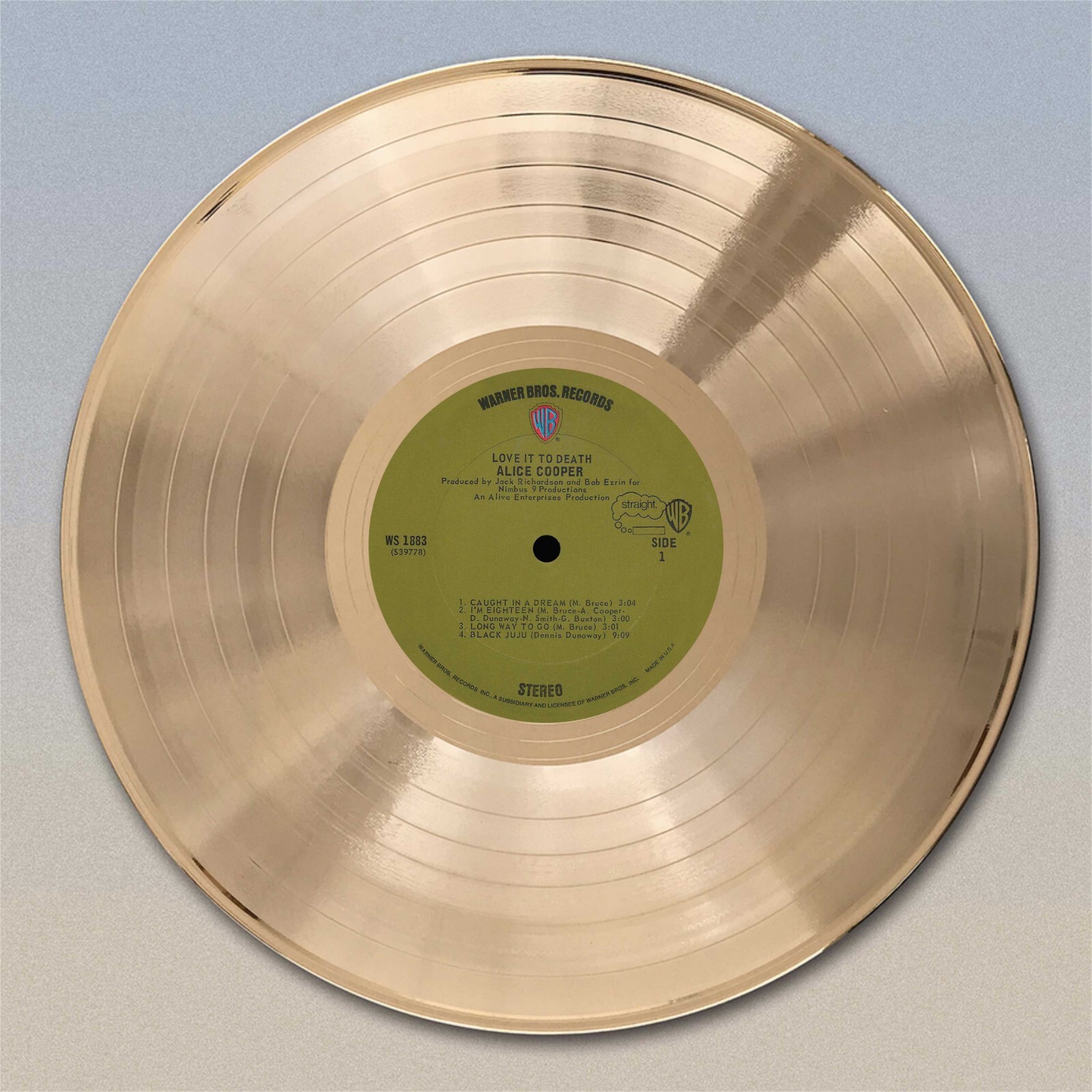 Alice Cooper “Love It To Death” Gold LP Record wall art