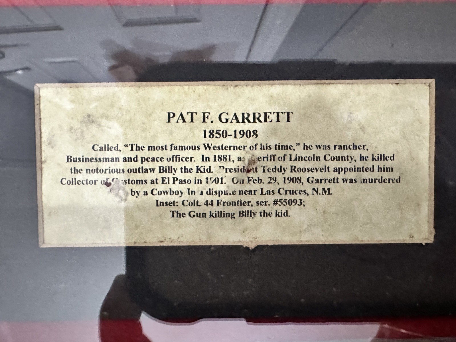 “Rustic Wood Pat Garrett Display Case – Perfect for Western Decor & Collectors”