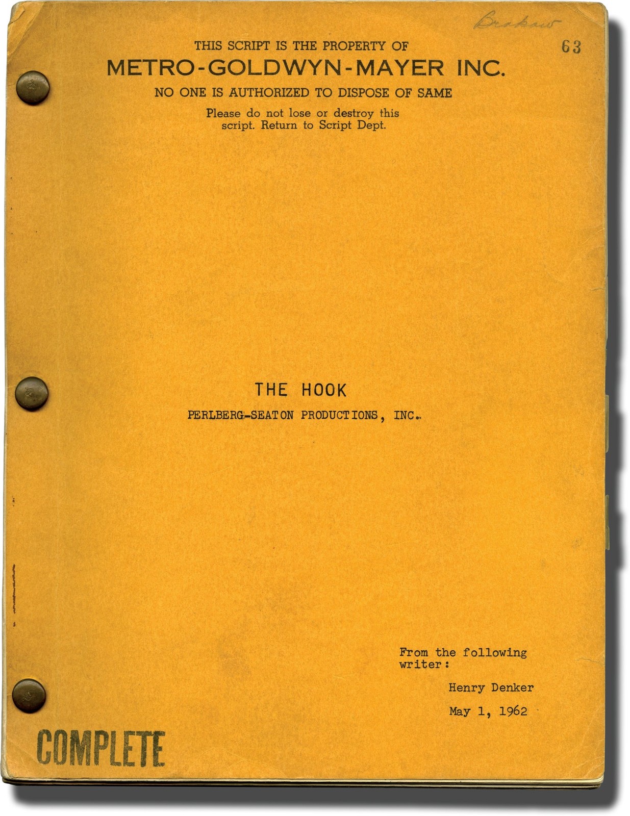 George Seaton THE HOOK Original screenplay for the 1963 film 1962 #139565