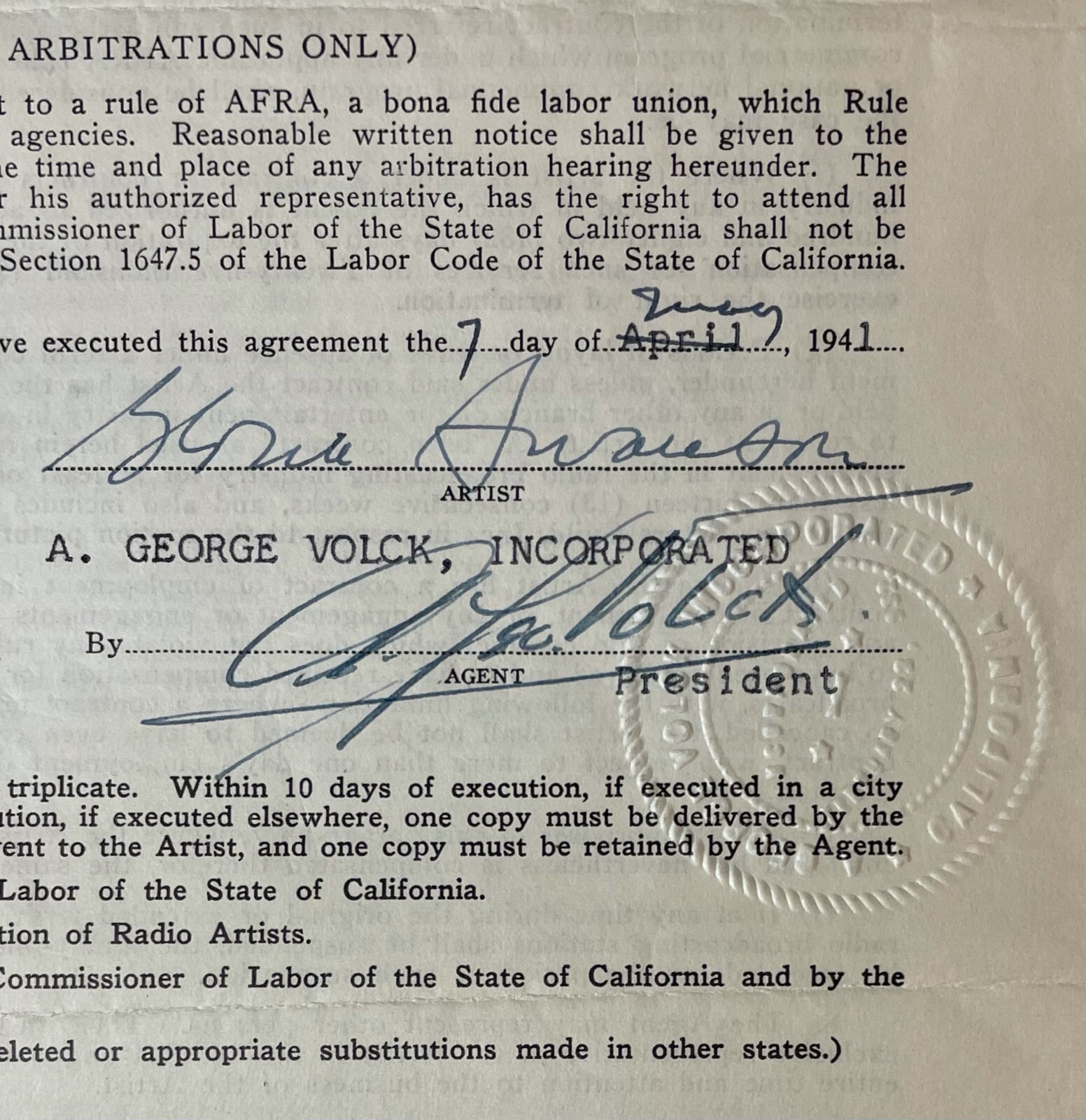 GLORIA SWANSON Signed Autographed AFRA Agency Contract Document 1941 ACTRESS