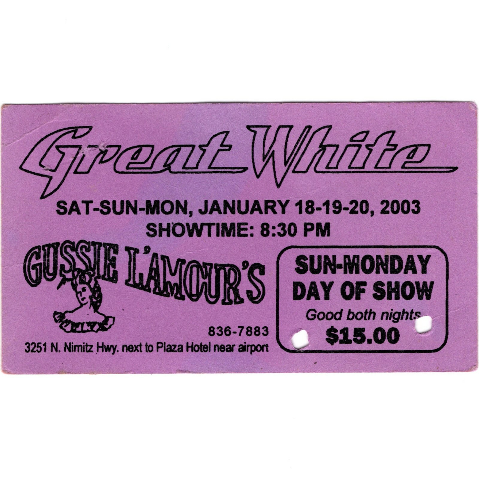 GREAT WHITE Concert Ticket Stub HONOLULU HAWAII 1/18-20/03 PLAY ON TOUR Rare