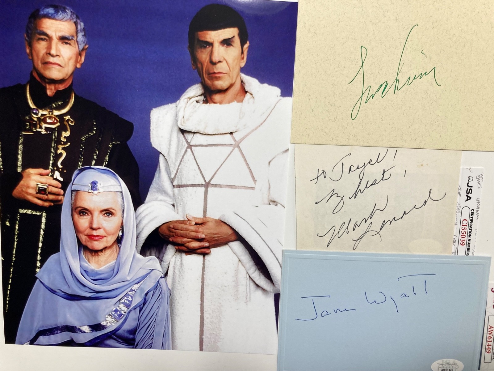STAR TREK signatures of LEONARD NIMOY, JANE WYATT & MARK LEONARD JSA#AU94322
