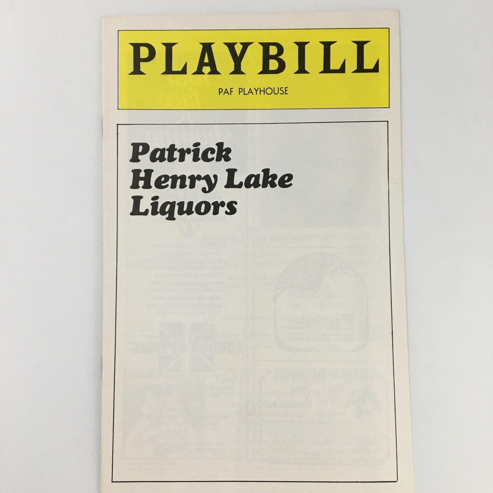 1977 Playbill PAF Playhouse ‘Patrick Henry Lake Liquors’ Earl Hammond Tom Mason