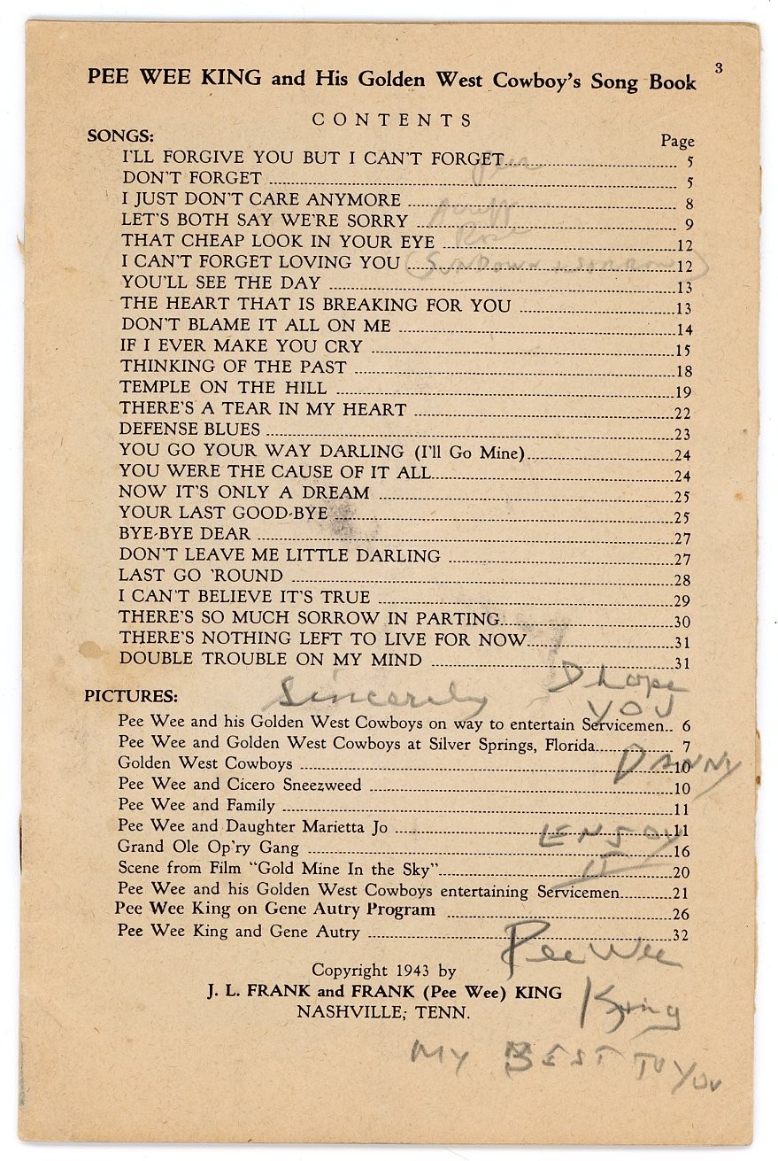 Pee Wee King – Signed Golden West Cowboy’s Song Book Page