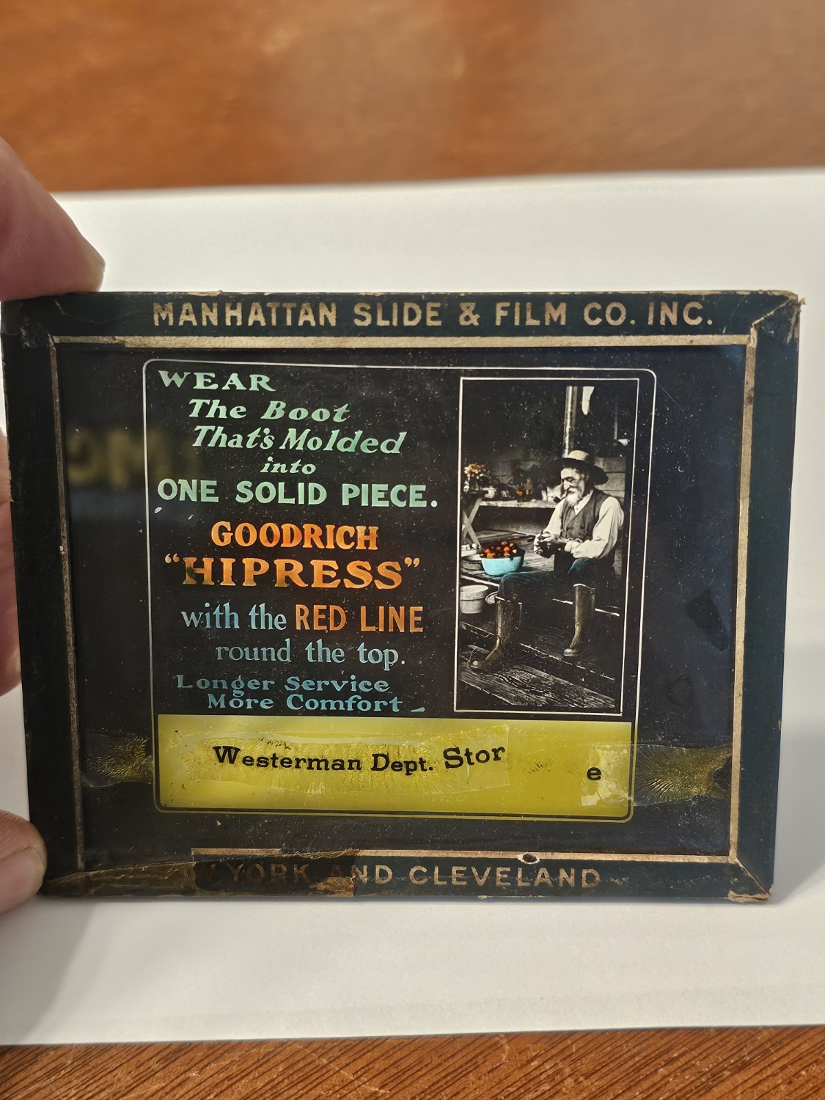 1920’s MOVIE THEATER CINEMA GLASS SLIDE Advertisement Goodrich Hipress Boots VTG