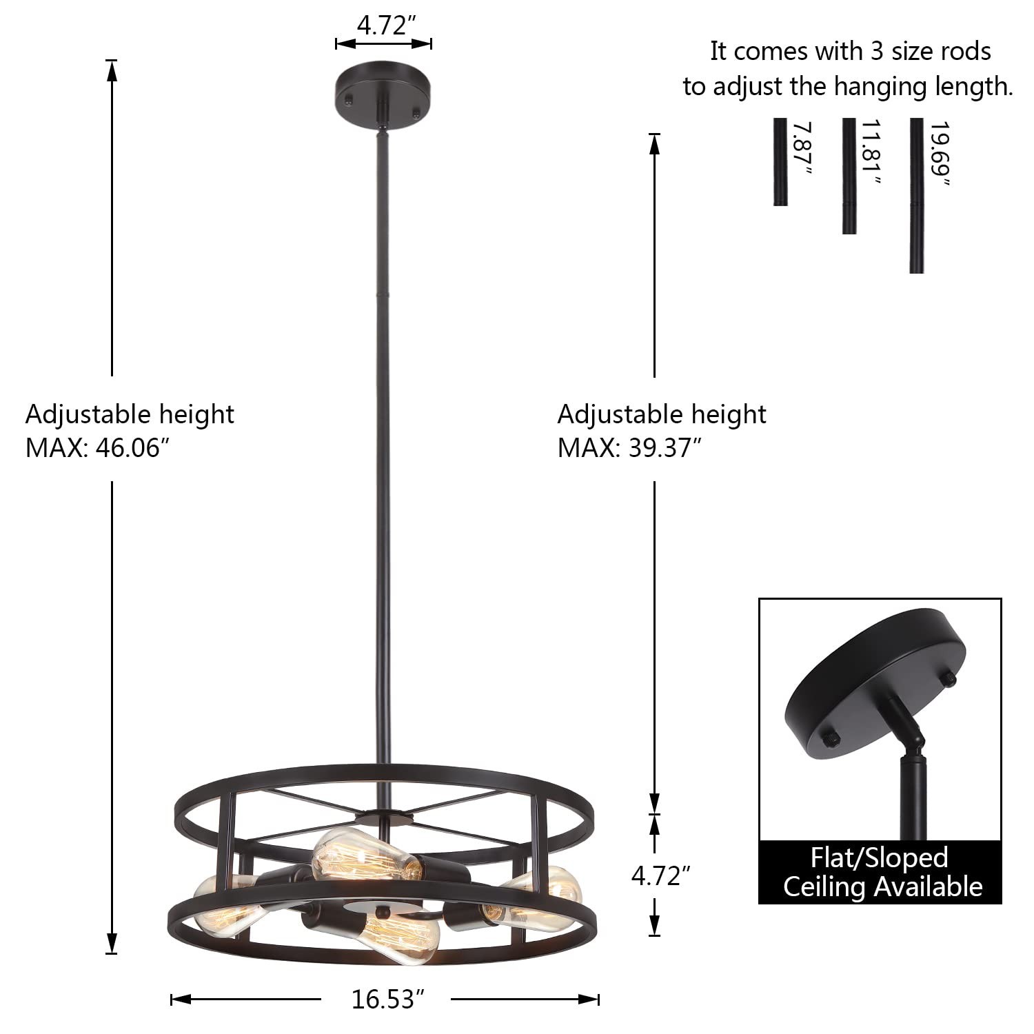 Black Semi Flush Mount Ceiling Light,Industrial Farmhouse Sloped Lights Fixtu…
