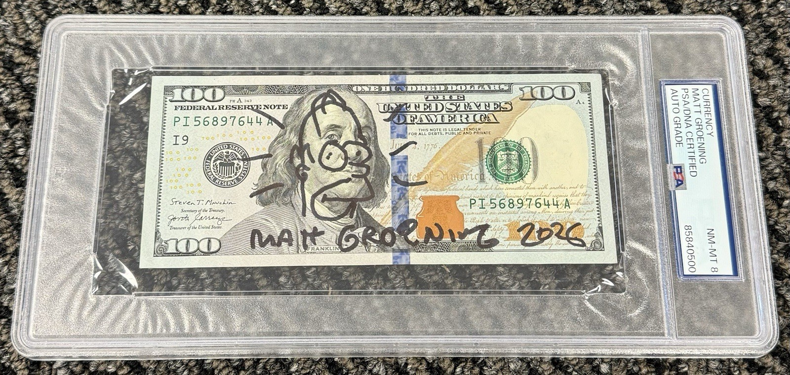 Matt Groening Signed Autograph $100 Bill Currency Homer Sketch PSA/DNA Encased