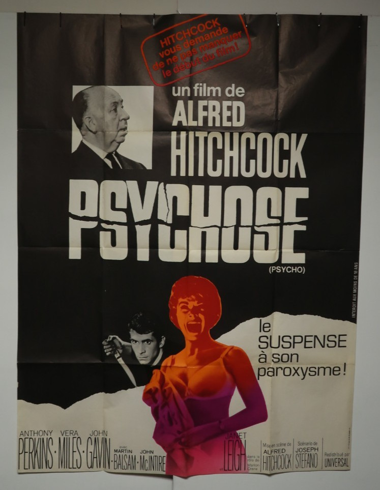 Psycho Alfred Hitchcock French Grande Poster Folded 46 x 61.5 Horror Movie R1970