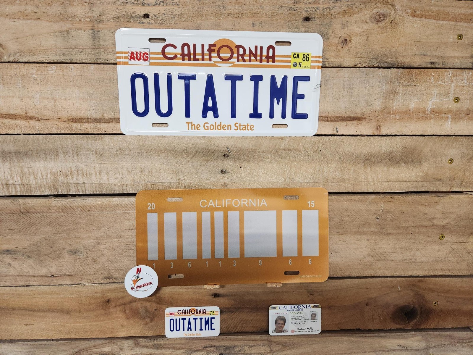 OUTATIME, BACK TO THE FUTURE, LICENSE PLATE, movie props, Marty McFly, 4 pc set