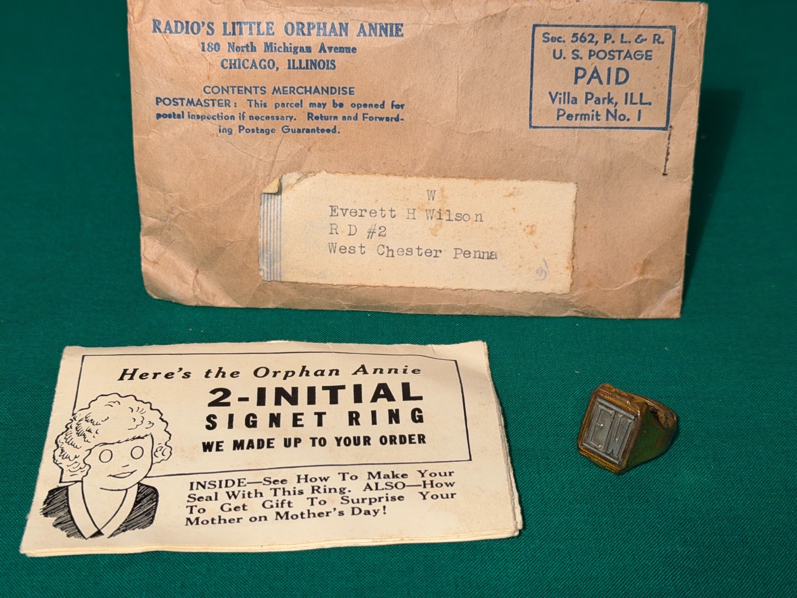 1937 Orphan Annie Two-Initial Signet Ring ‘EW’ Ovaltine Premium, Mailer & Instr