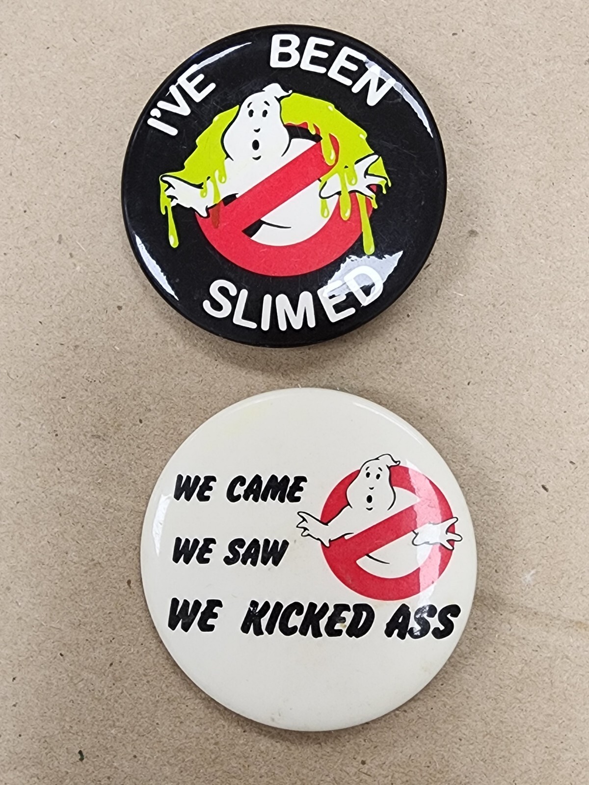 Set of 2 Vintage 80’s Ghostbusters Pinback Buttons 2-1/8″ Diameter