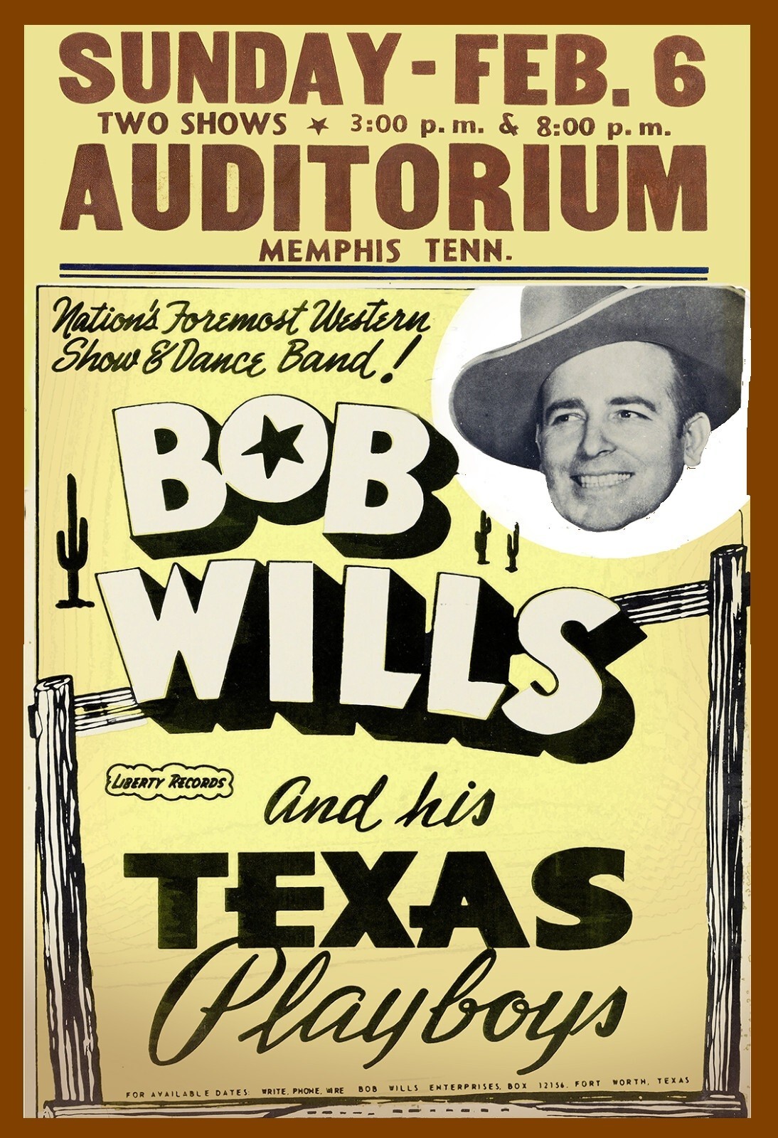 1941 BOB WILLS AND HIS TEXAS PLAYBOYS CONCERT POSTER RE- PRINT MEMPHIS TENNESSEE