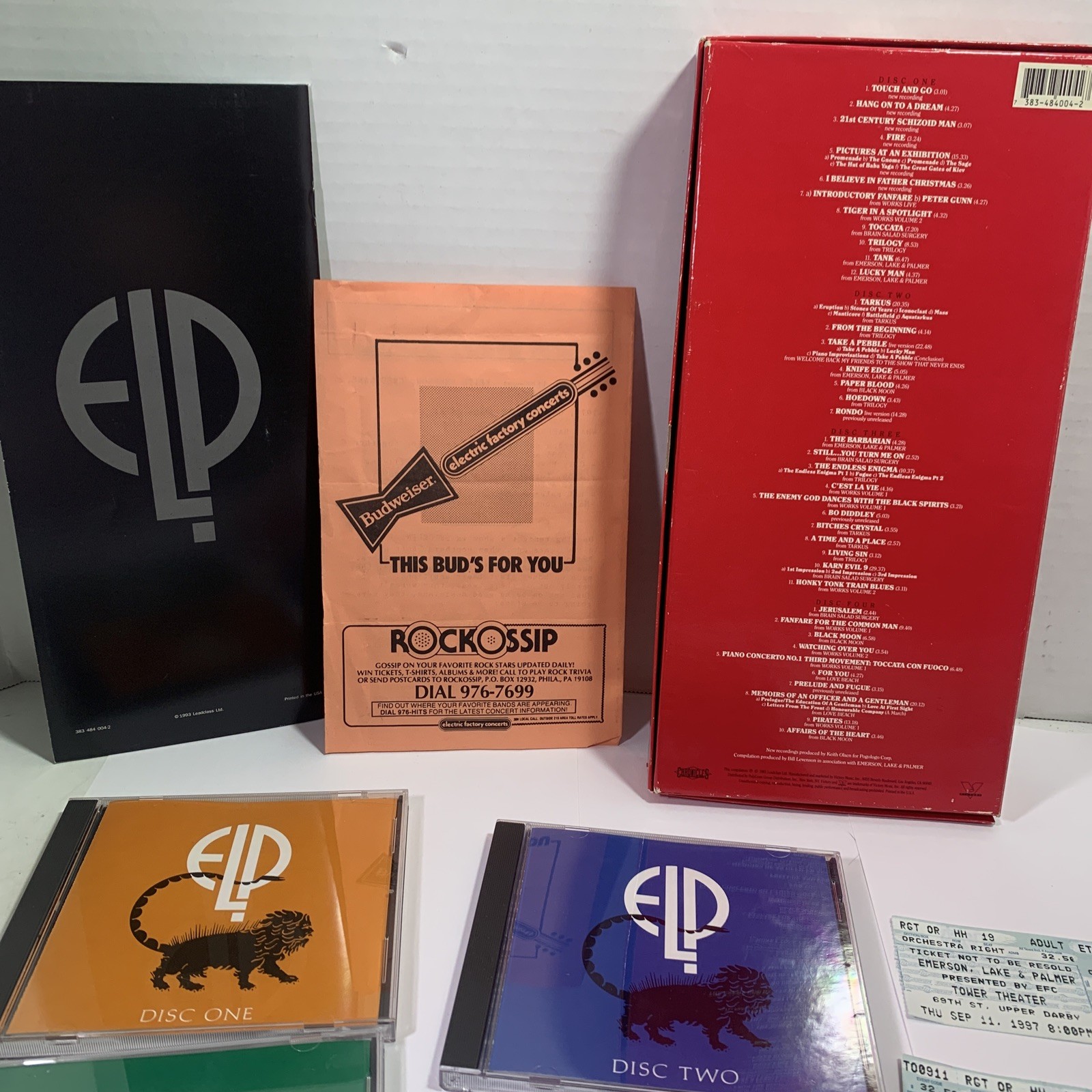 Emerson Lake & Palmer 4 CD Set “93” w/“97”Concert Agenda And Ticket Stubs, PA.