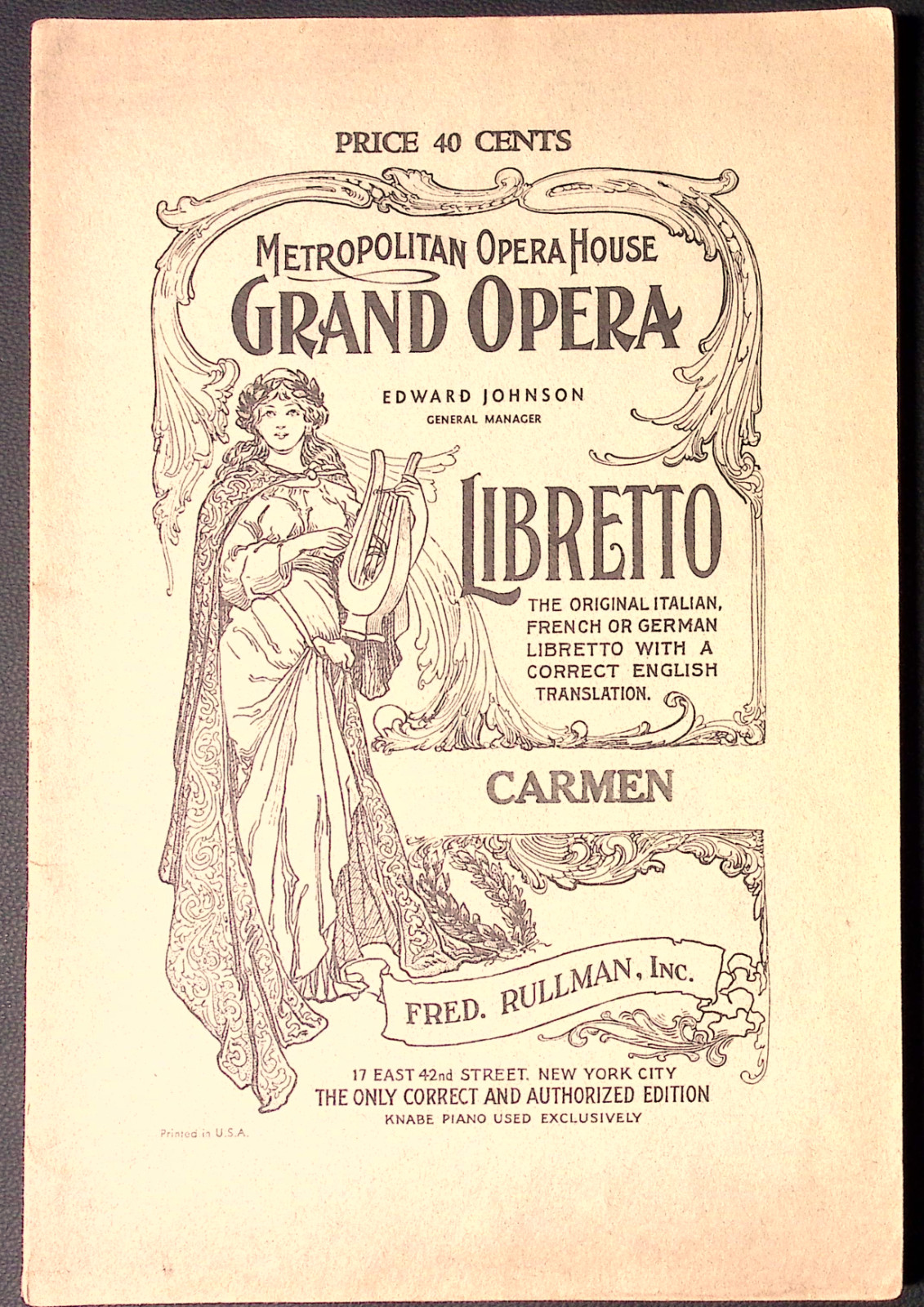 Metropolitan Opera House Grand Opera Libretto CARMEN 40 Cents RULLMAN